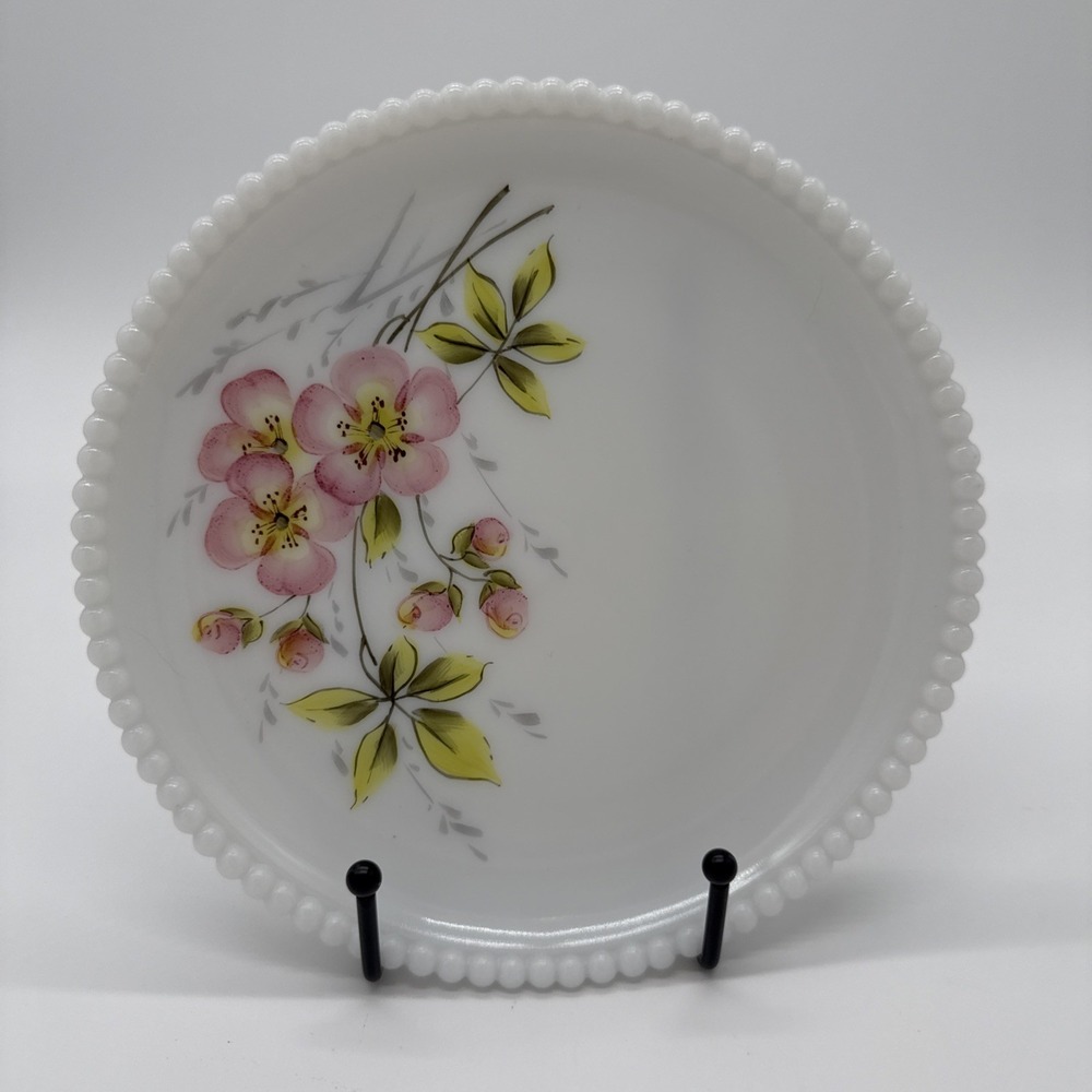 Vintage Westmoreland Beaded Edge White Milk Glass Pink Primrose Plate
